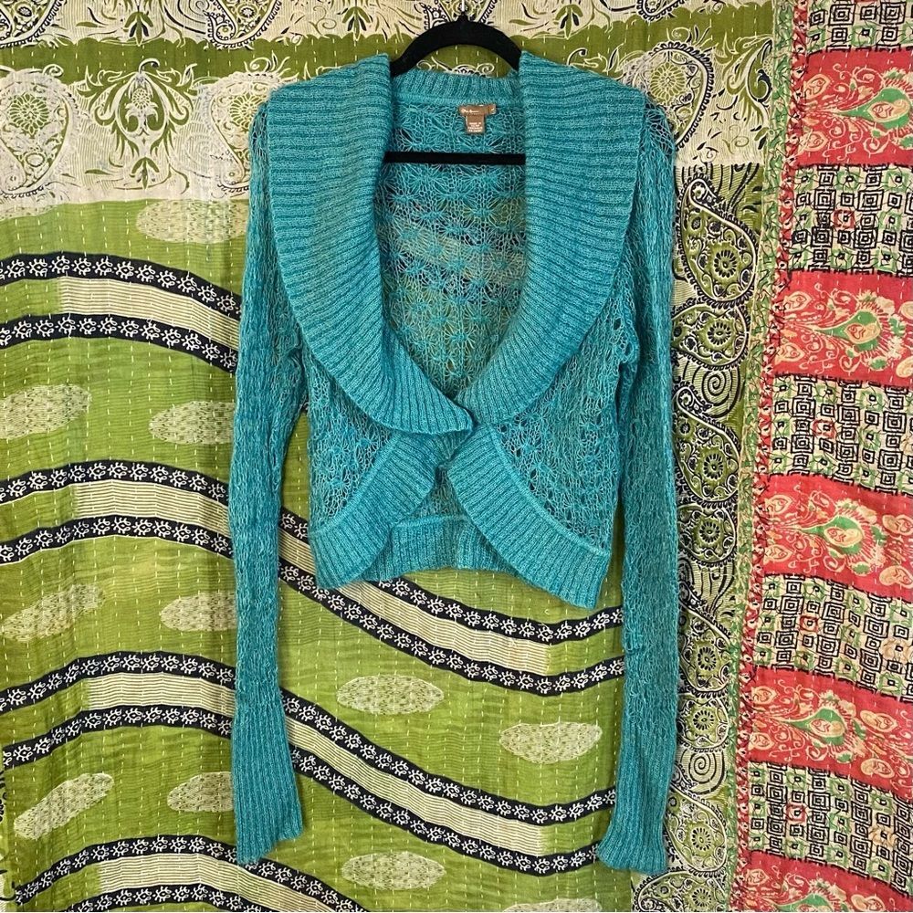 Y2K Eris Teal Mohair/ Wool Blend Crocheted Shrug Size Large